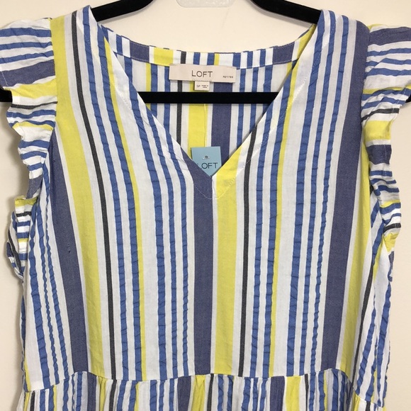 LOFT Striped Flutter Dress Blue Yellow Size SP - Picture 3 of 9